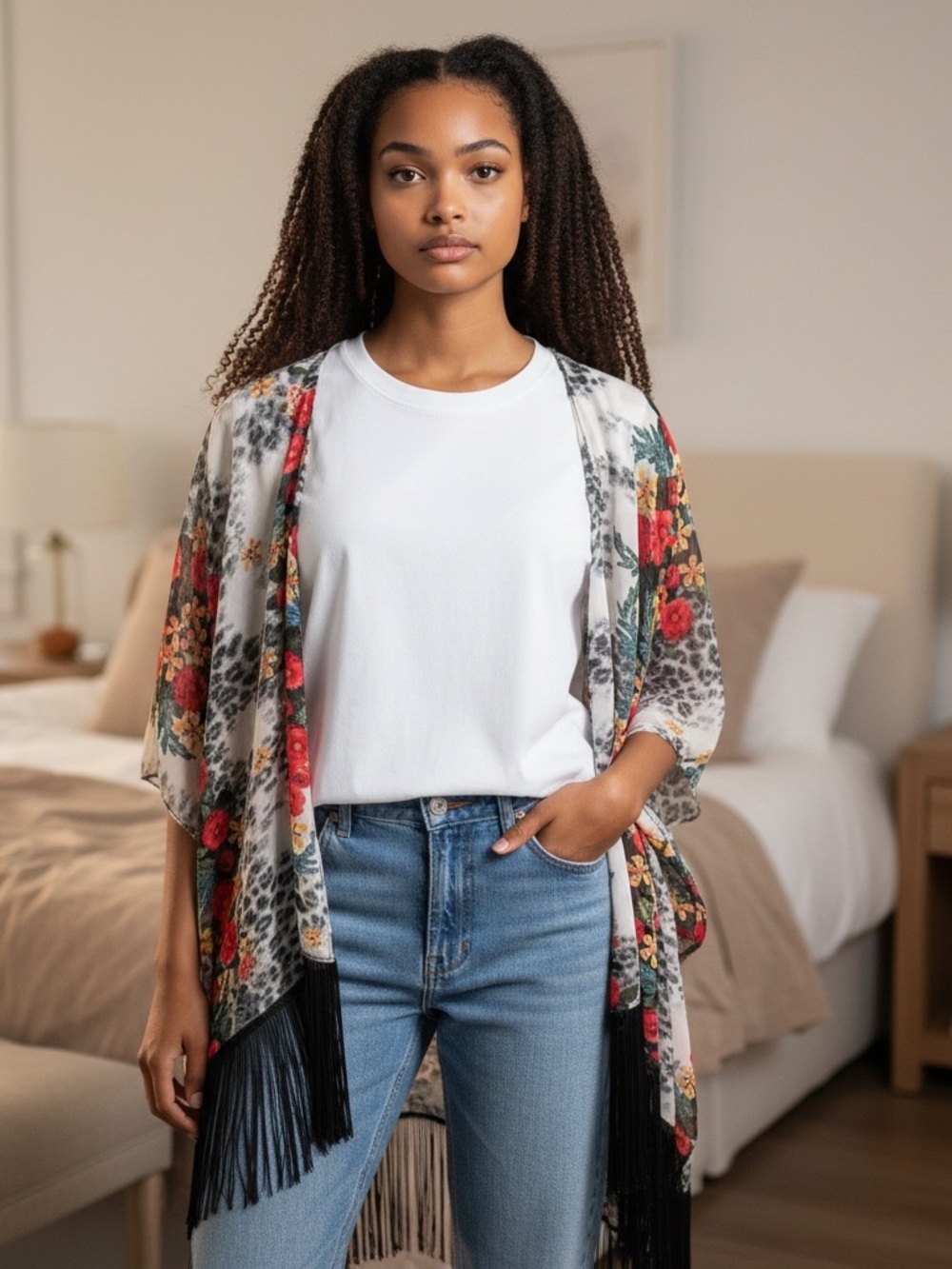 Floral Fringe Open-Front Kimono Shrug - White/Multi